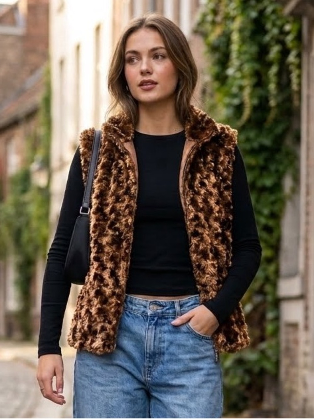 Relativity Brown Faux Fur Hooded zippered Vest with Pockets Size XL NWT